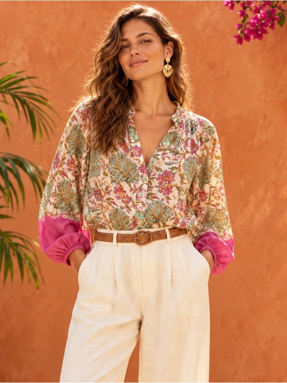 FARMERS MARKET Floral Boho Puff Sleeve Rayon Blouse Pink Teal Size Medium